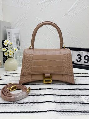 Balenciaga Croc-Embossed Top-Handle Satchel in Beige with Gold 'B' Hardware